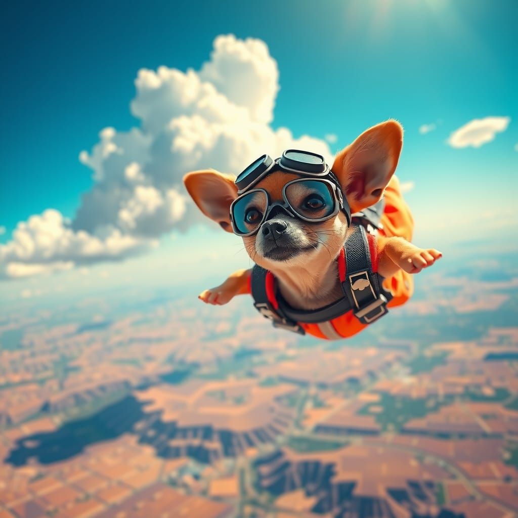 Chihuahua Skydiving in Whimsical Digital Art