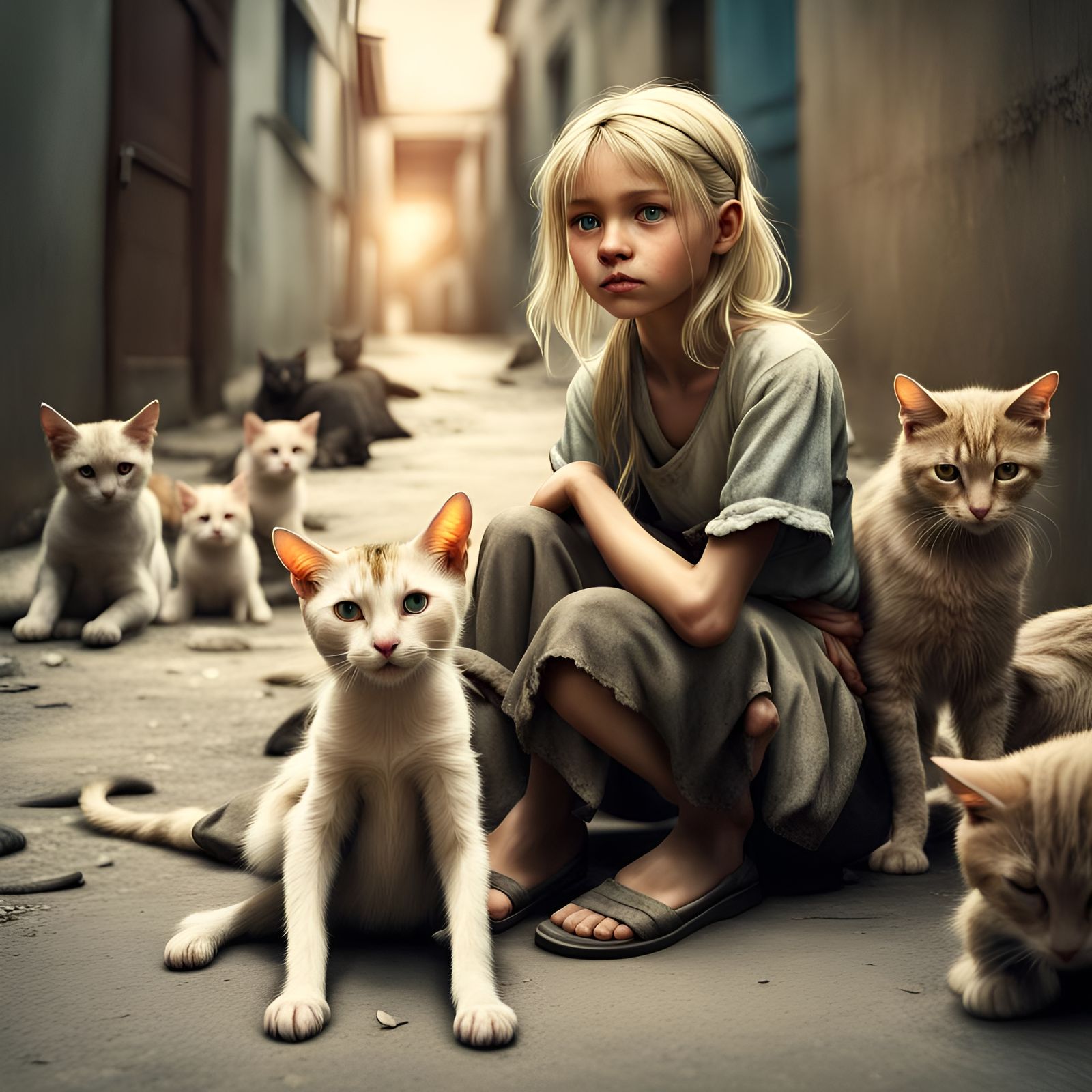 Orphan Girl with Stray Cats in Alleyway