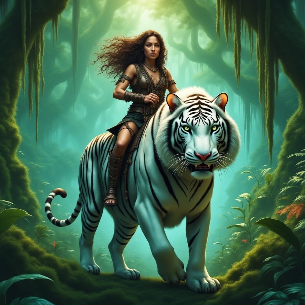 Amazon Warrior on Tiger in Moonlit Forest