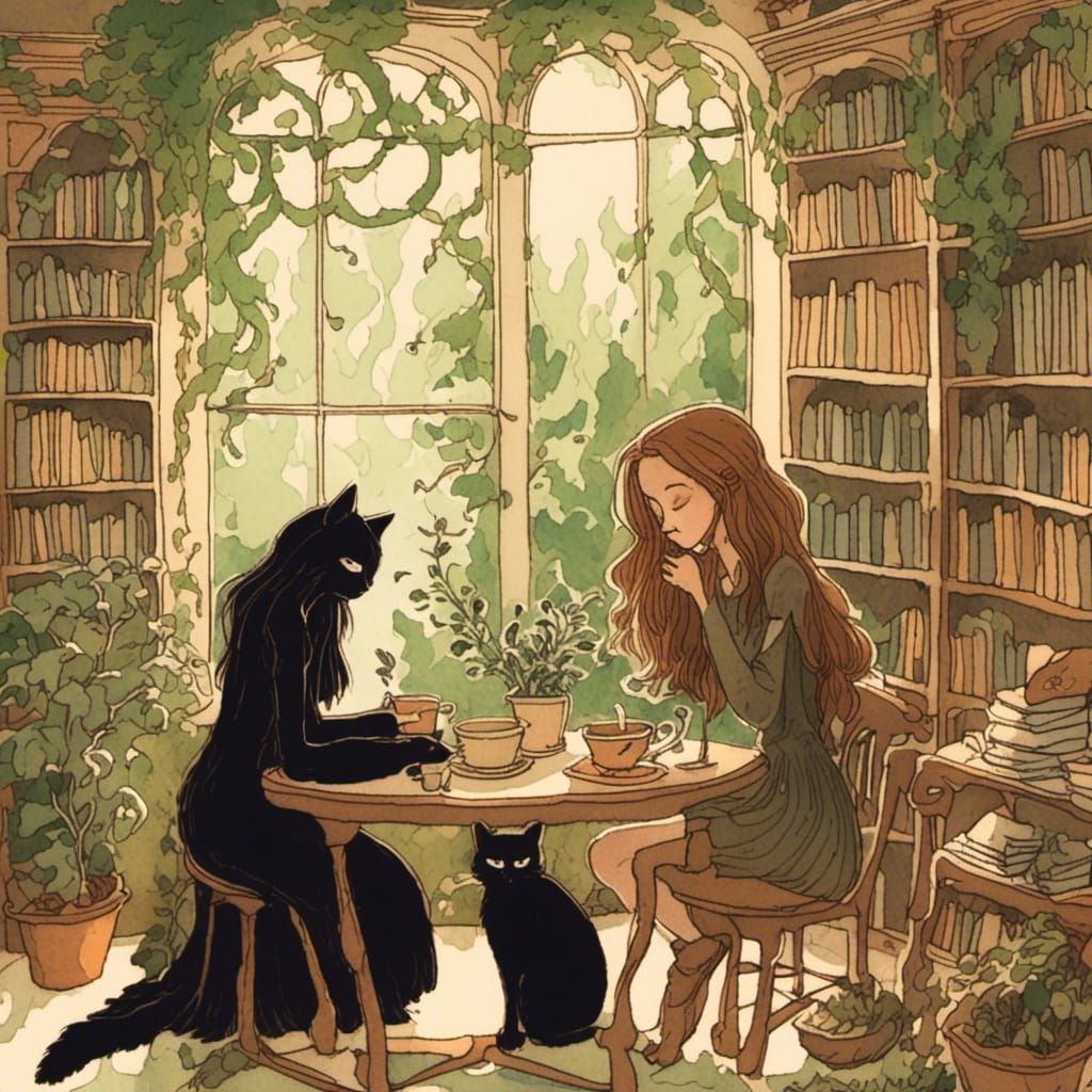 Whimsical Witch Enjoys Coffee Amidst Lush Plants and Books
