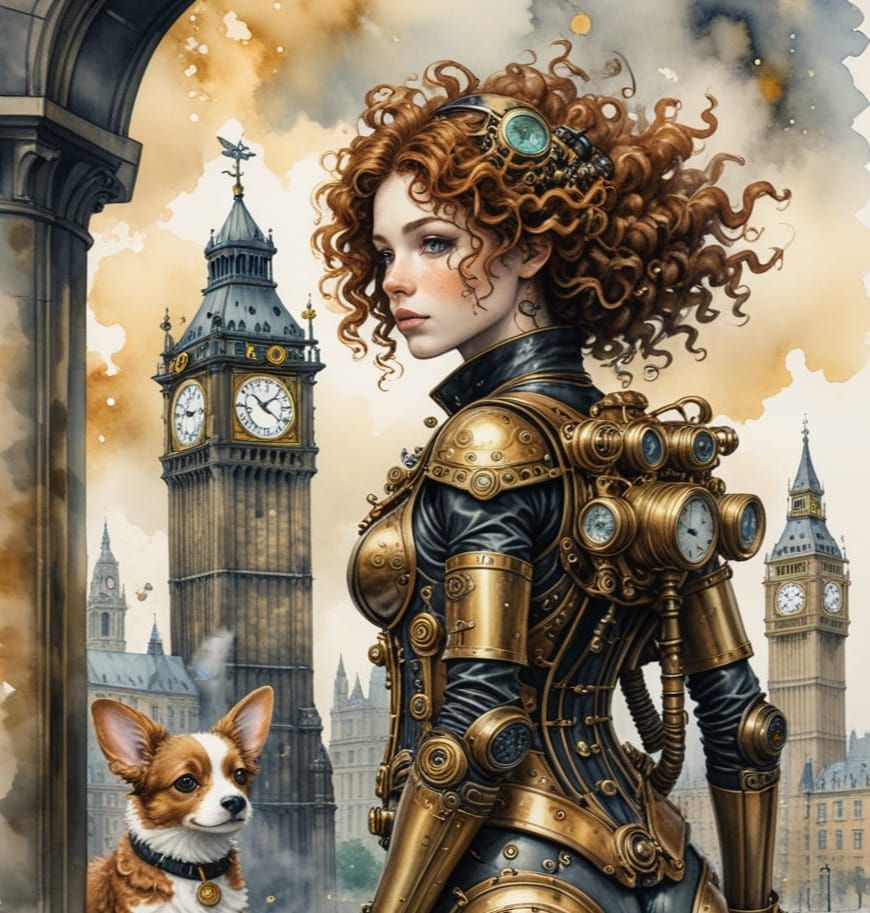Steampunk Fairy and Robodog in Klimt Style