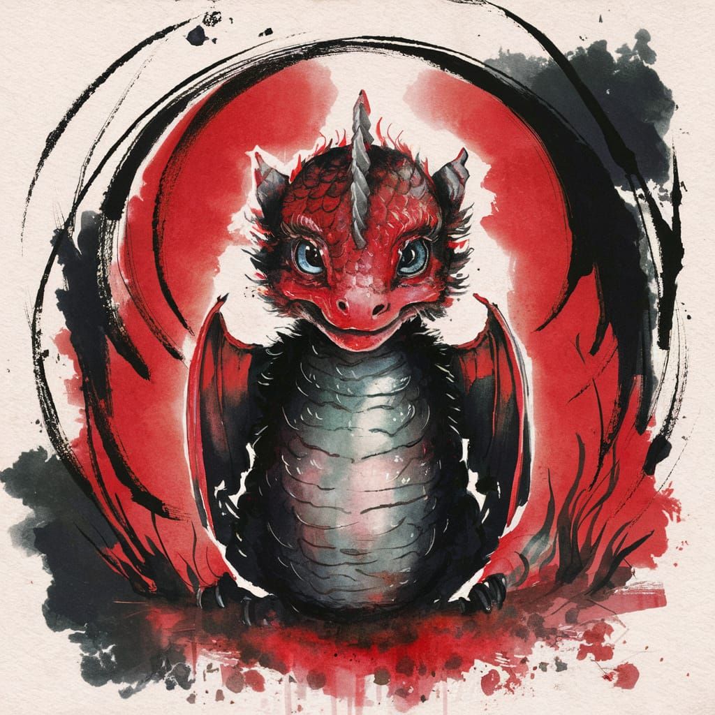 Dragon Hatchling in Watercolour and Japanese Ink