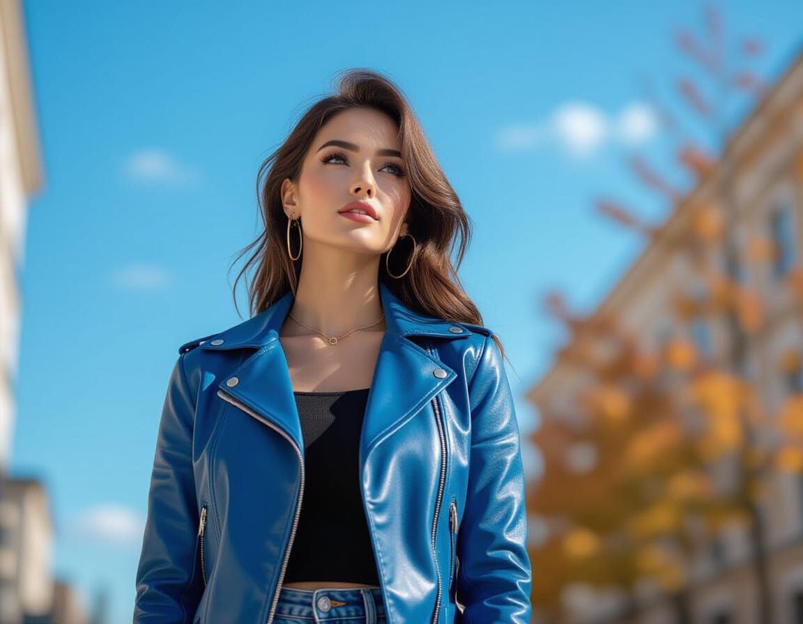 Woman in Blue Jacket Gazing at Autumn Sky