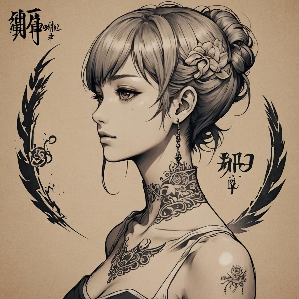 Anime Style Portrait with Neck Tattoo