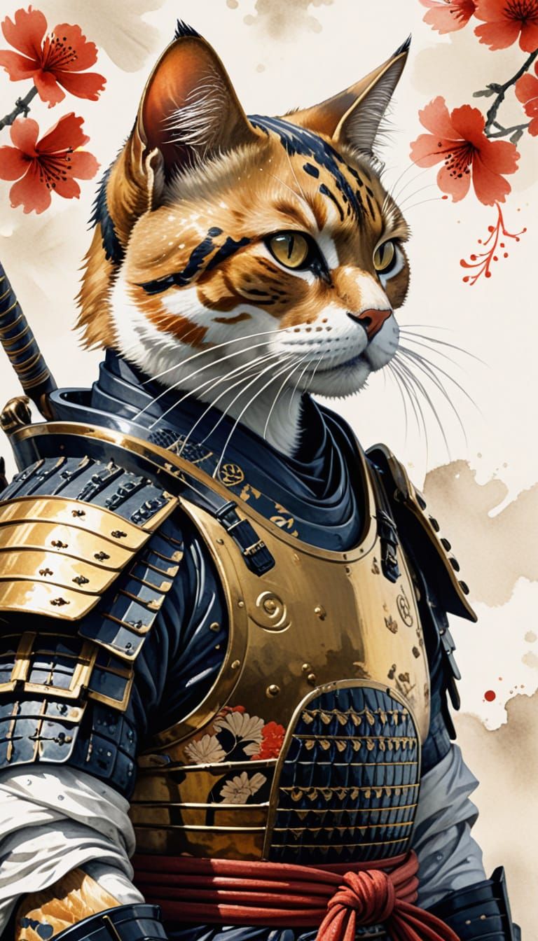 Elegant Samurai Cat Portrait in Traditional Japanese Sumi-e ...