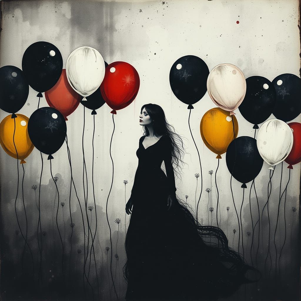 Dreamlike Etching: Woman with Rainbow Balloons