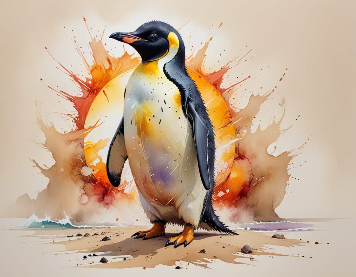 Emperor Penguin in Sun Visor on Golden Shore, Watercolor Sty...