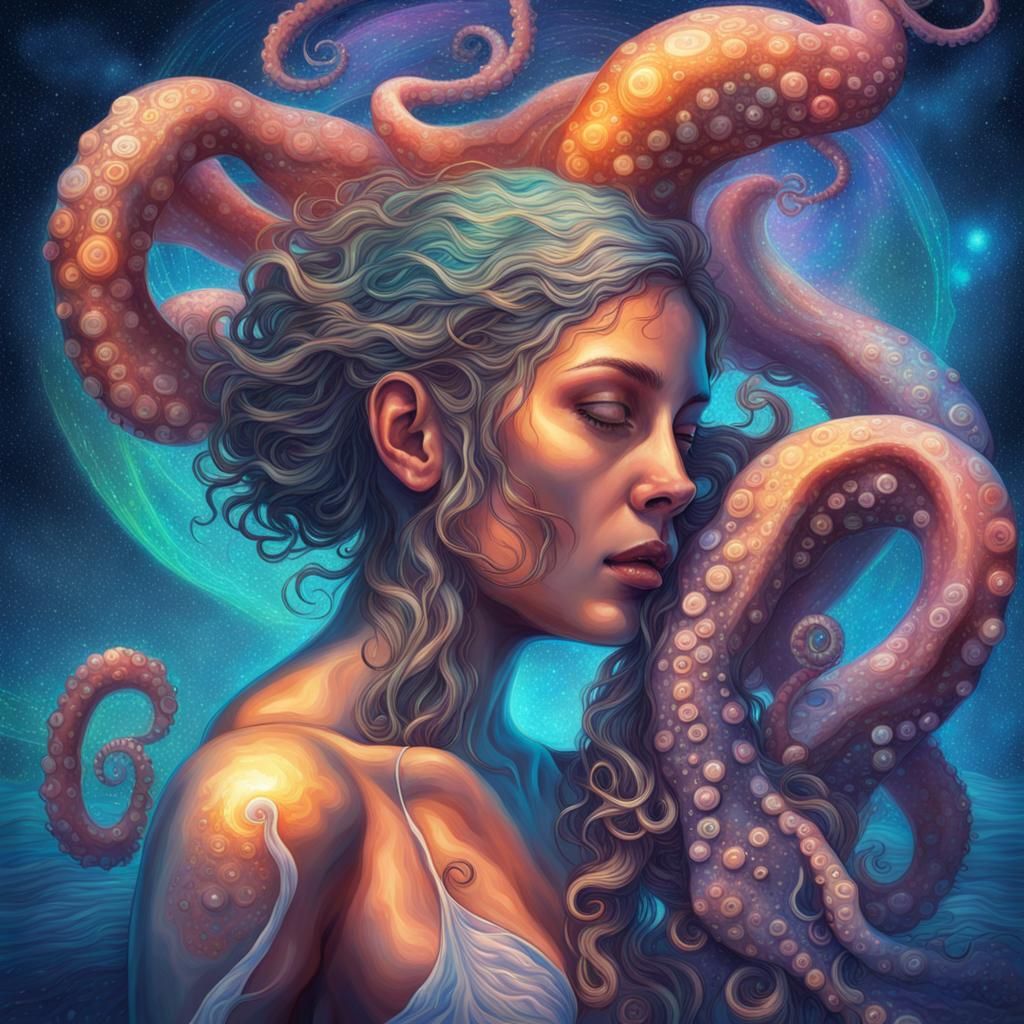 Octopus-Man Abduction: Holographic Astral Illustration