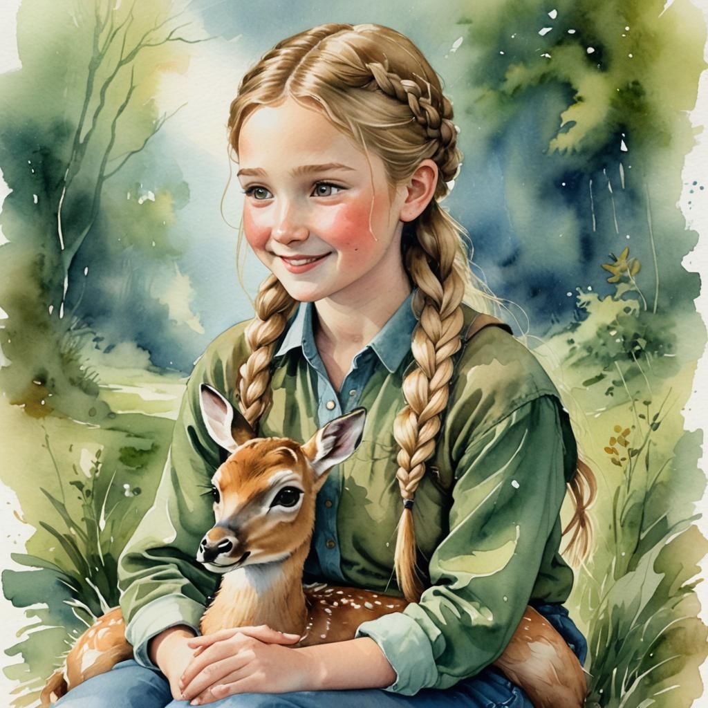 Girl with Fawn: Whimsical Watercolor Portrait