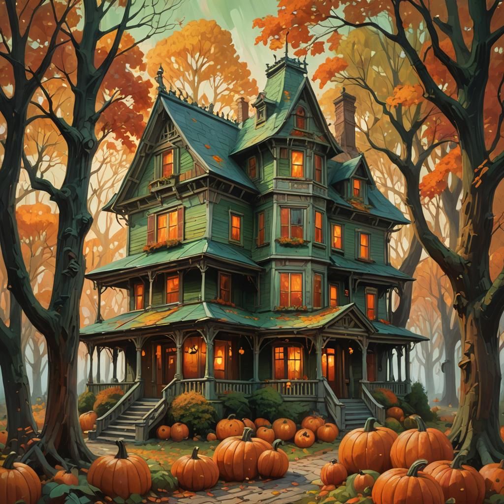 Eerie House Amidst Autumn Trees in Oil Painting Style