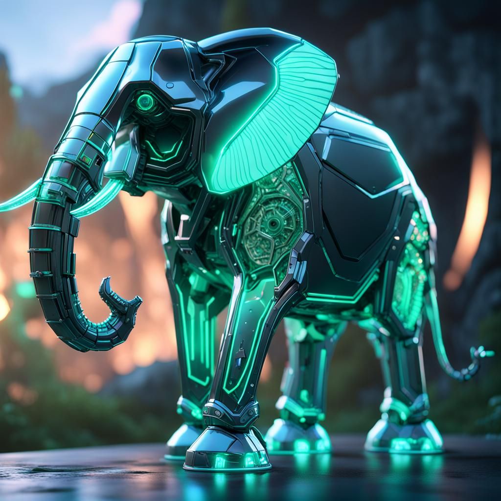 Crystal Elephant with Bioluminescent Backglow in Sci-Fi Zoo
