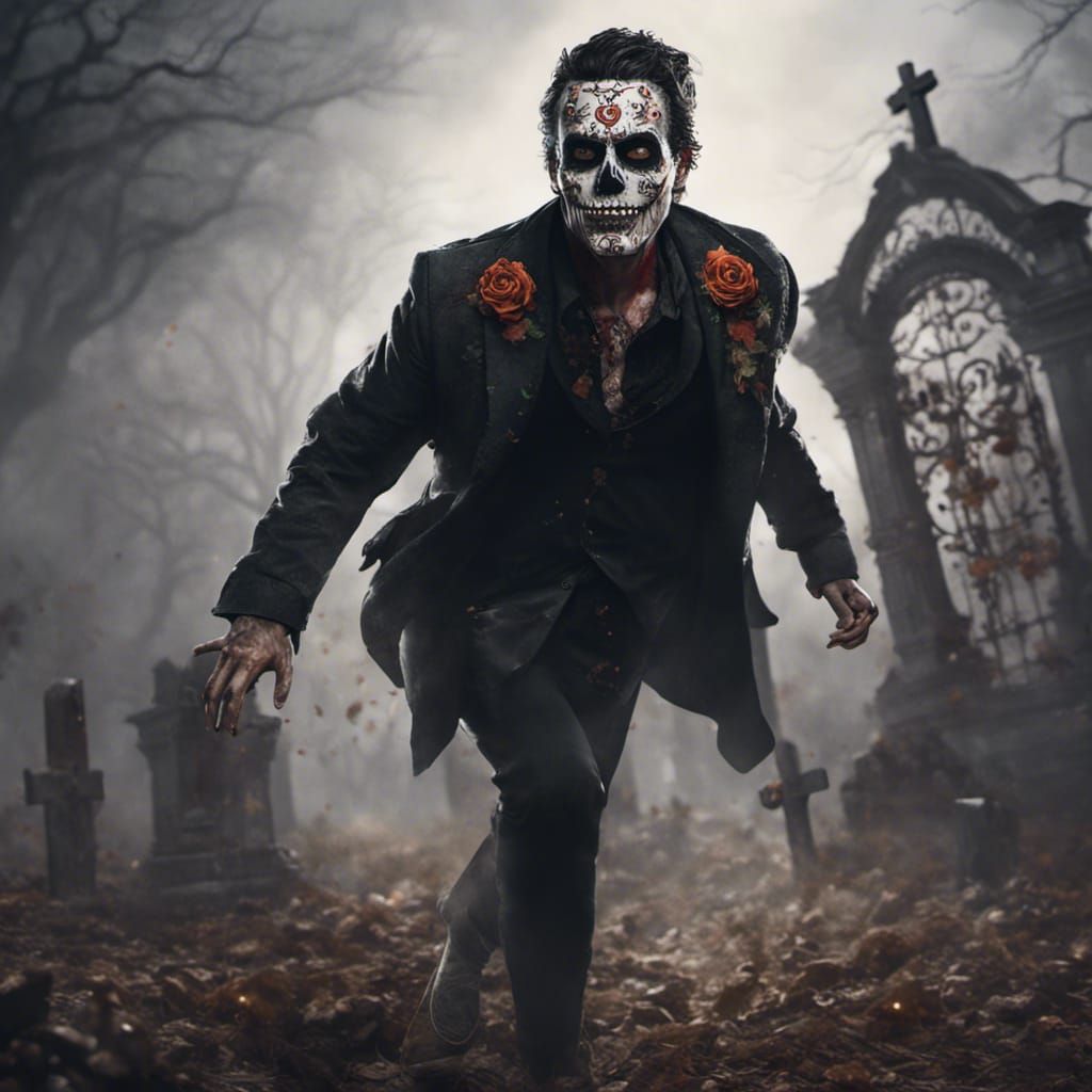 dia de los muertos style man emerging from a graveyard screaming, dia de los muertos style face, polychromatic, dark atm...