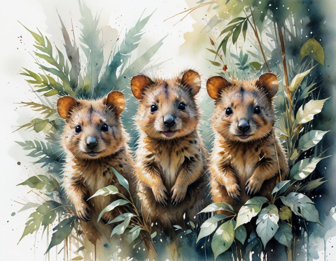 Quokkas in Tropical Foliage, Watercolour Art