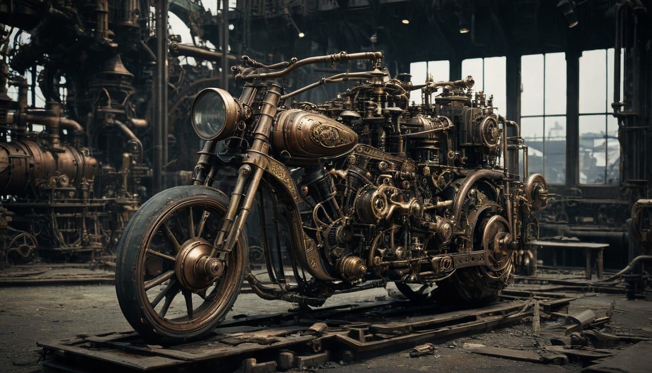 Vintage Steampunk Motorcycle Amidst Industrial Ruins in Warm...