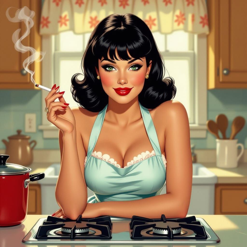 1950s Housewife Smirks with Cigarette in Norman Rockwell Sty...