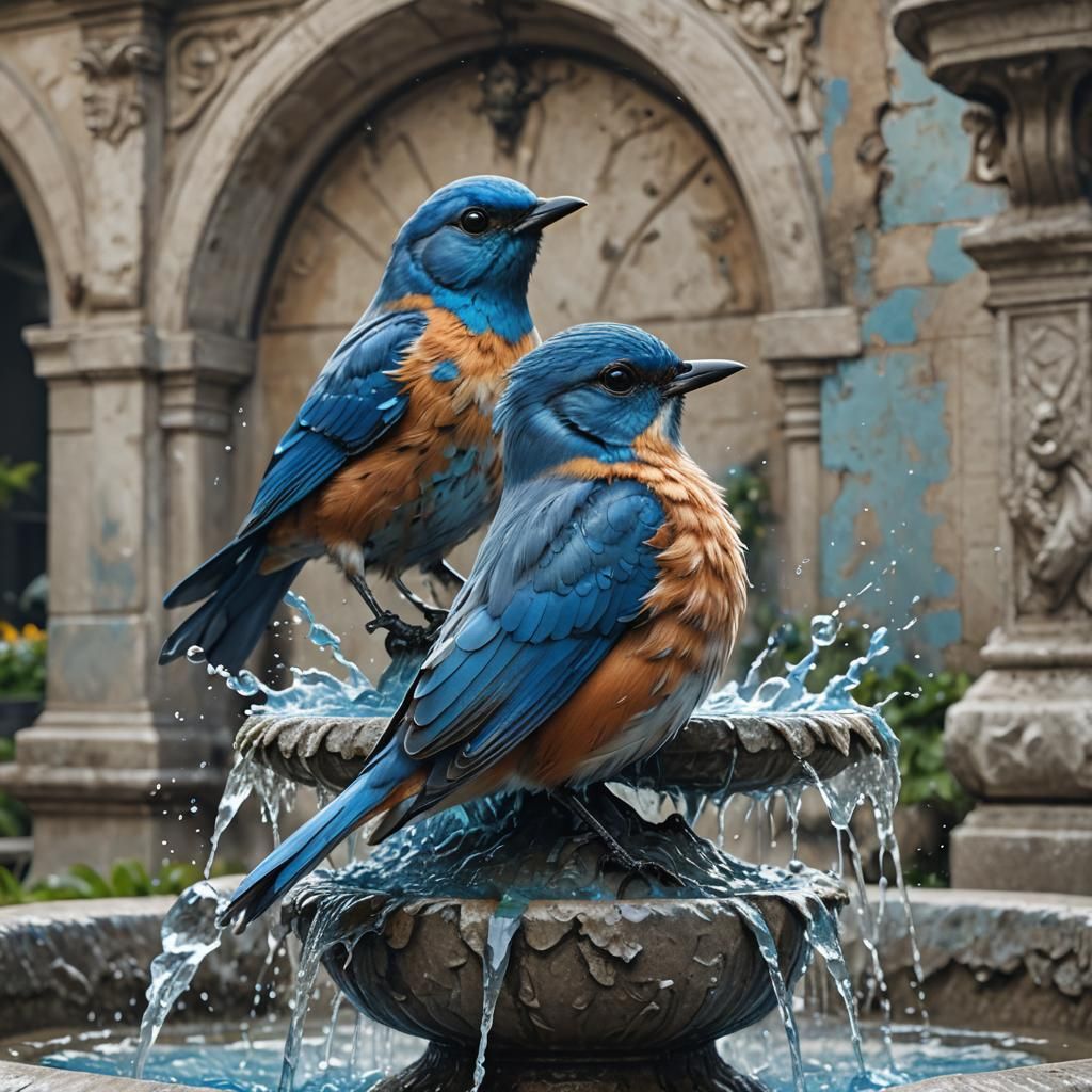 Blue Bird Splashing in Garden Fountain, Splash Art