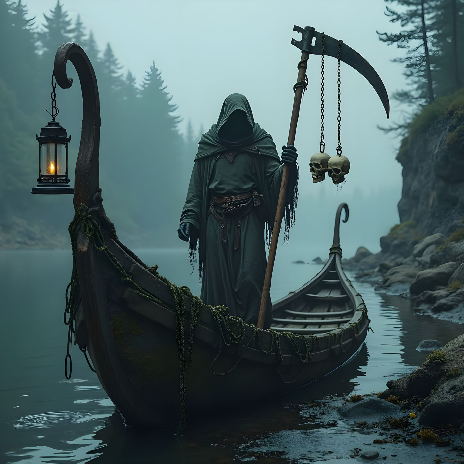 Dark River Ferry in a Foggy, Ancient Landscape