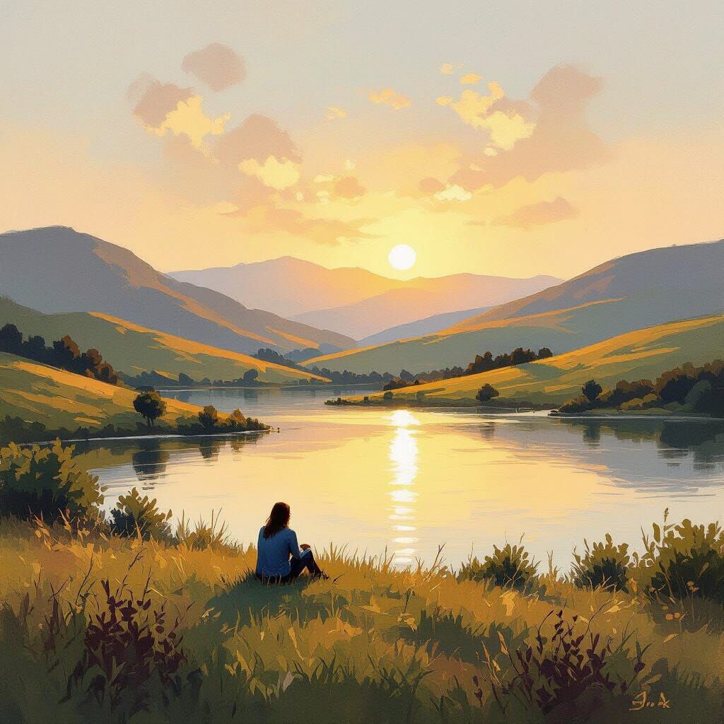 Golden Hour Serenity: Lone Figure by Tranquil Lake