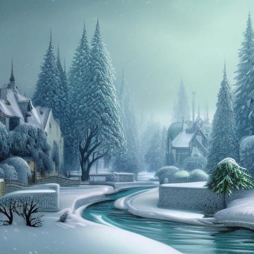 Winter Village in Art Nouveau Style