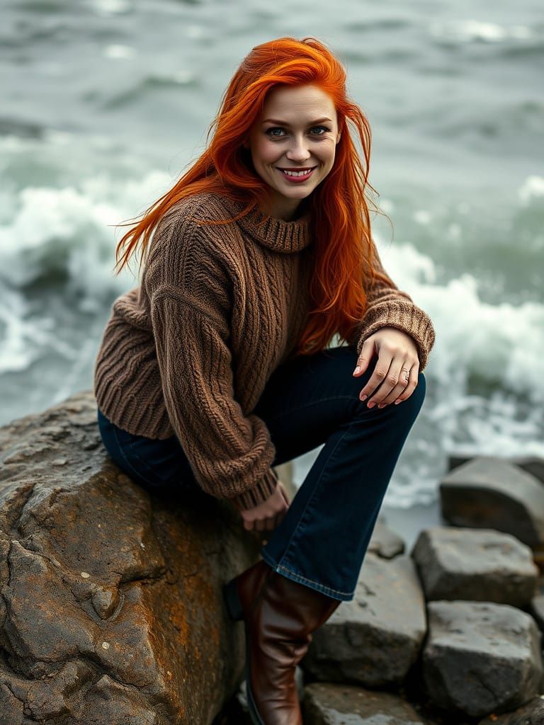Ethereal Redhead in Earthy Tones Leans on Turbulent Sea
