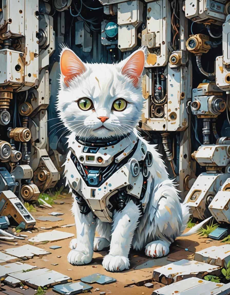 Cute White Cat in Abandoned World: Gouache Style