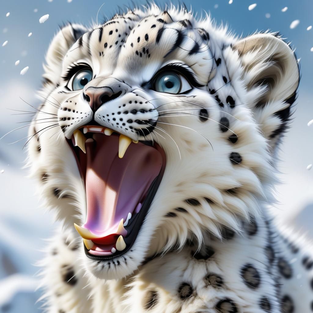 Laughing Snow Leopard Kitten Portrait in Hyperrealism