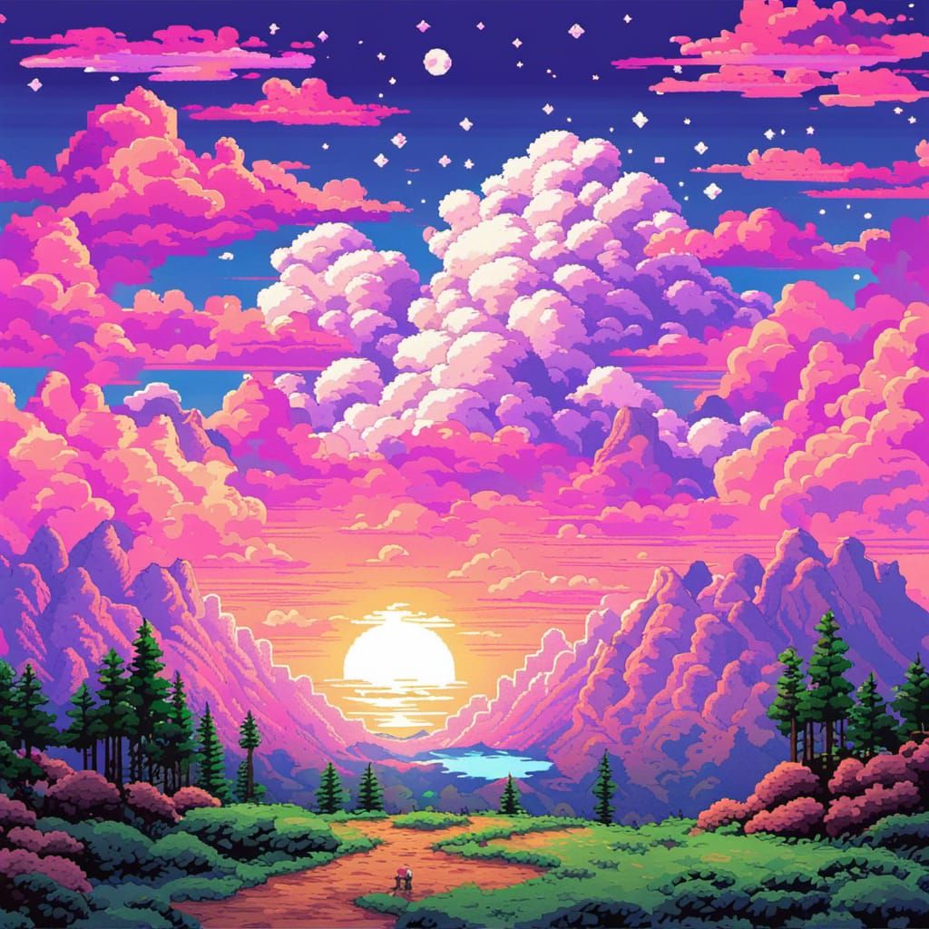 Vaporwave Pixelated Sunset Sky with Cotton Candy Clouds