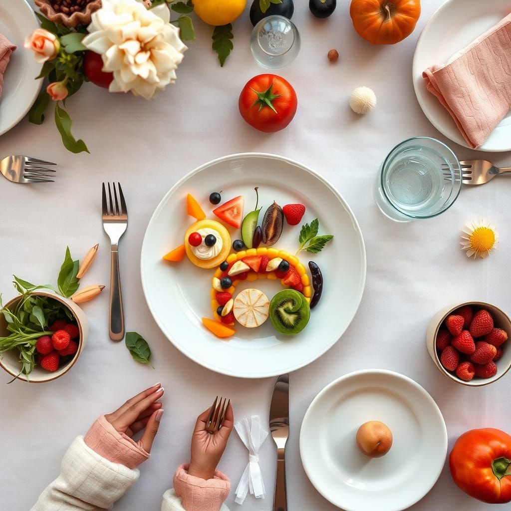 Vibrant Table Setting Features Whimsical Fruit Animal Sculpt...
