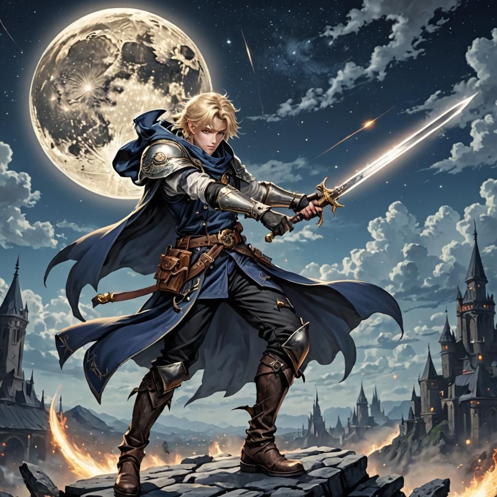 Blonde Warrior with Sword Under Moonlight
