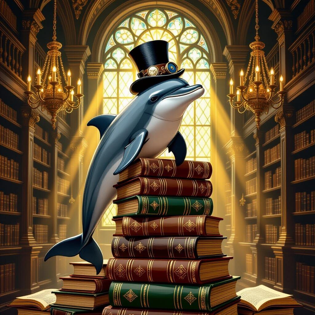 Dolphin Gentleman in Steampunk Library, Fantasy Art