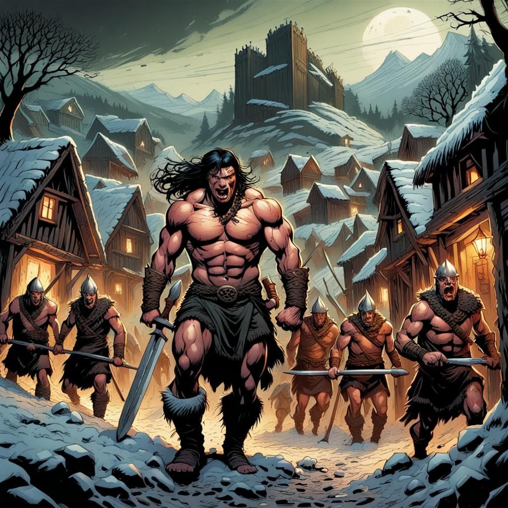 Terrifying Celtic Barbarian Village Raid: Comic Art