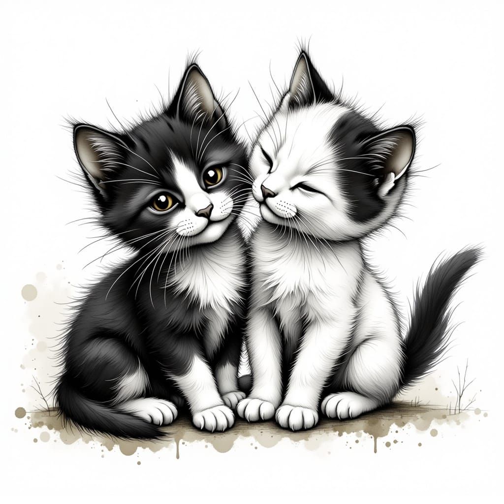 Endearing Kittens Playing in Ink and Charcoal Style