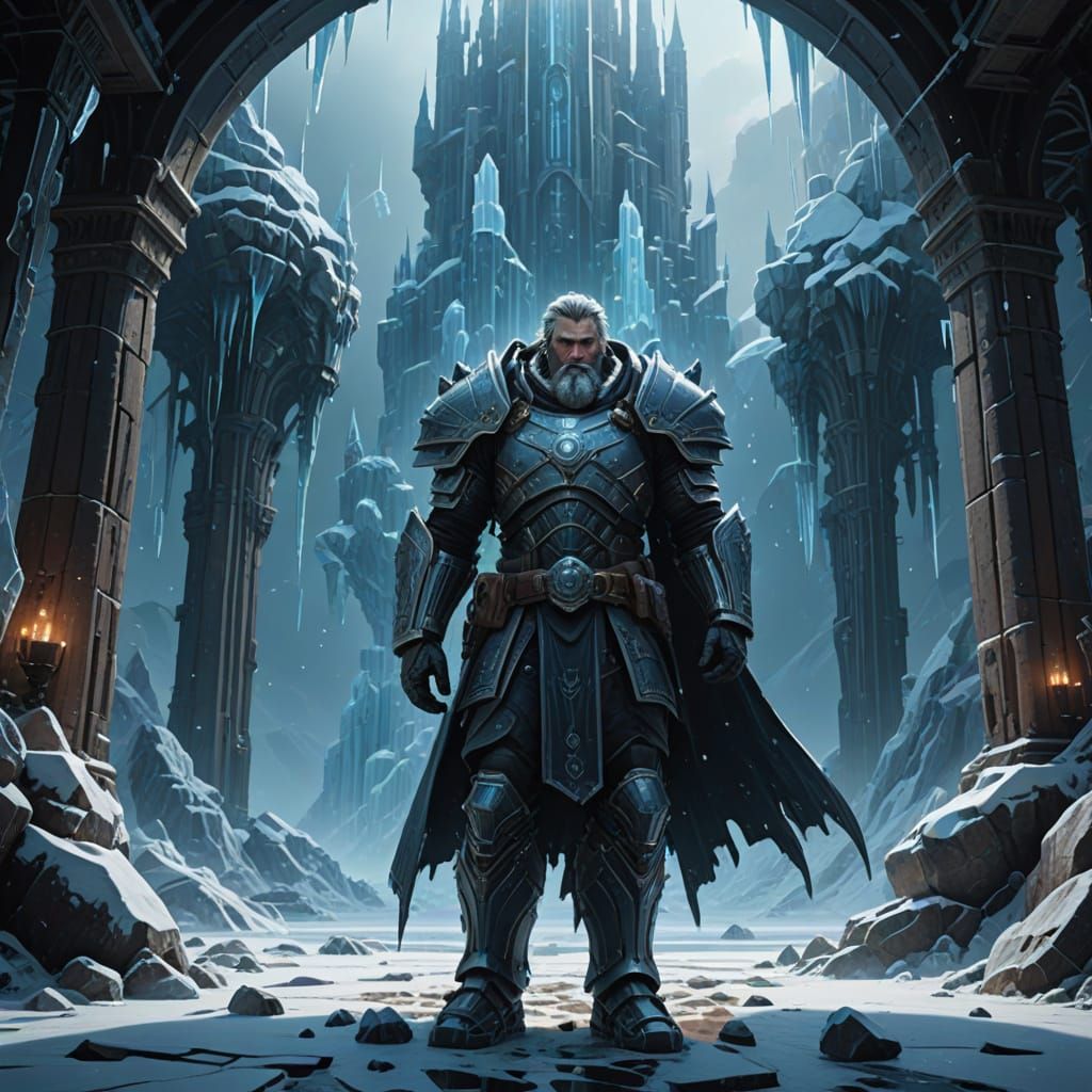 Stoic Human Paladin in Frozen Castle Throne Room