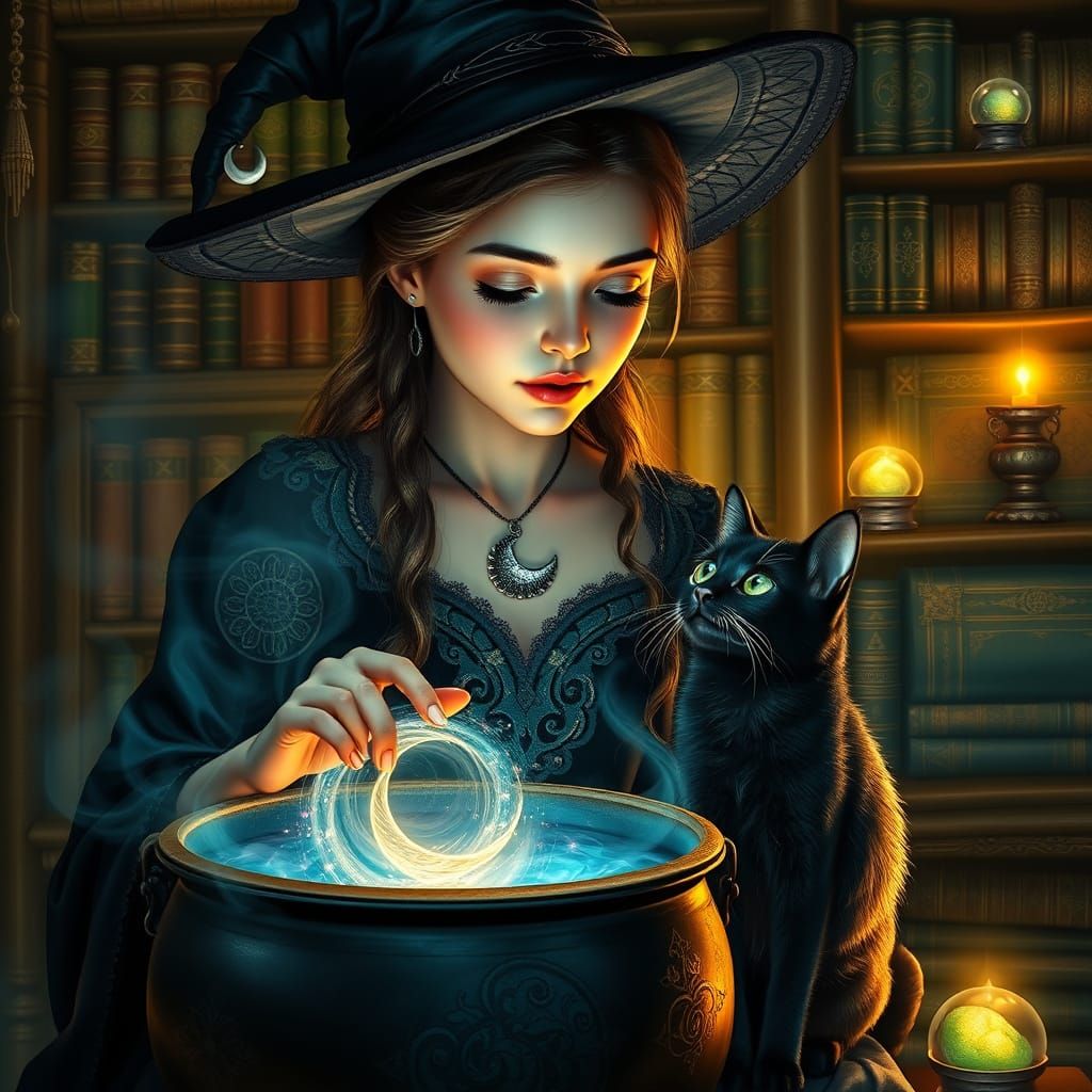 Young Witch Stirs Galaxy in Enchanted Cauldron with Majestic...