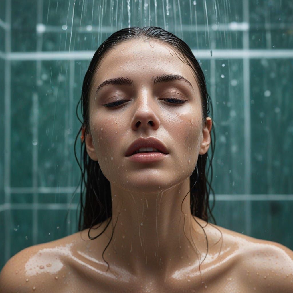 Woman in Blissful Shower, Hyperrealistic Style
