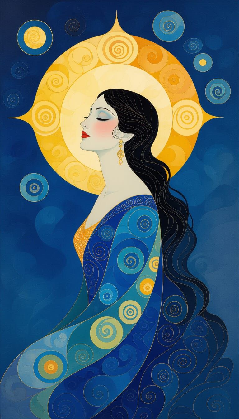 Celestial Star With Woman's Face Gouache Painting