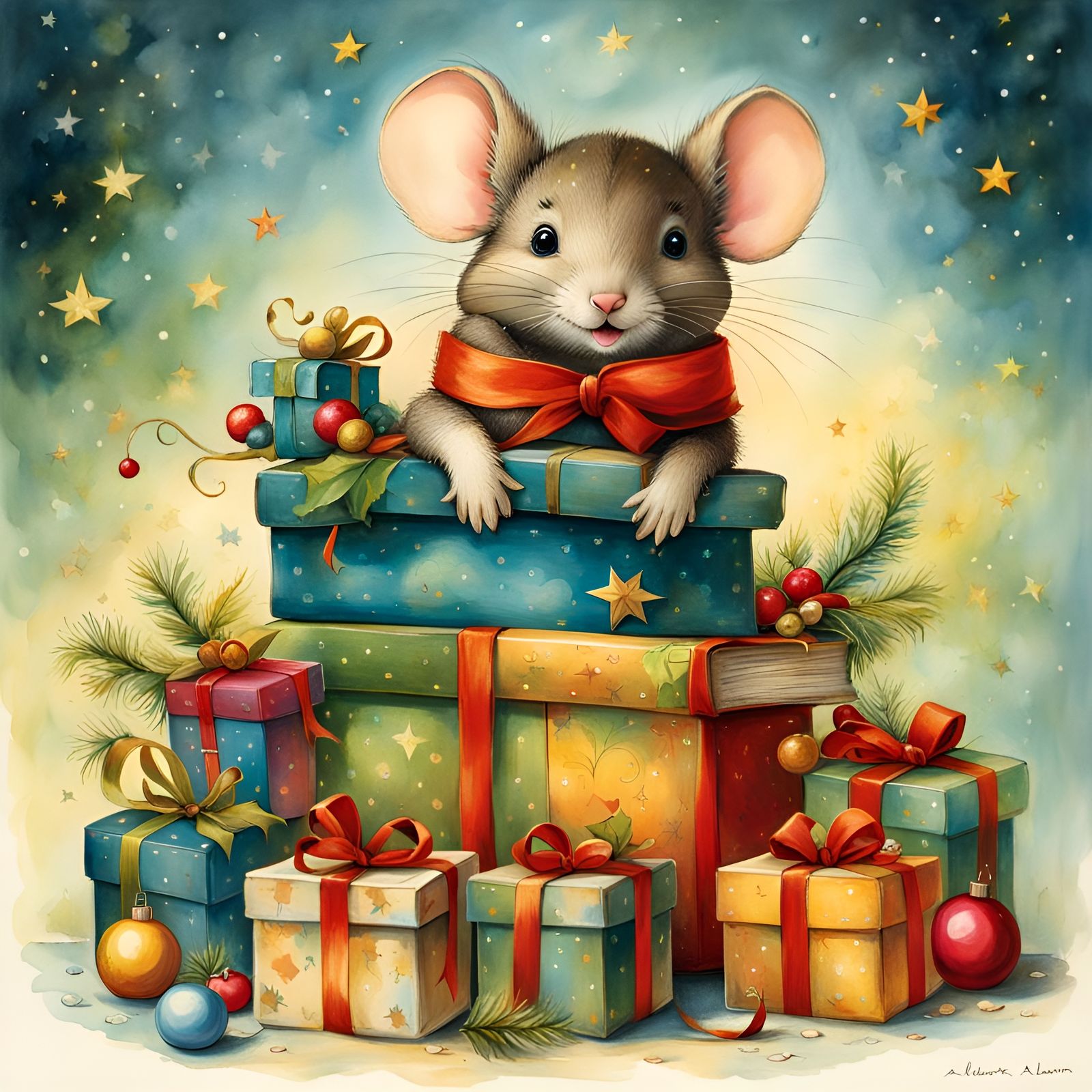 Festive Mouse Overwhelmed by Christmas Gifts