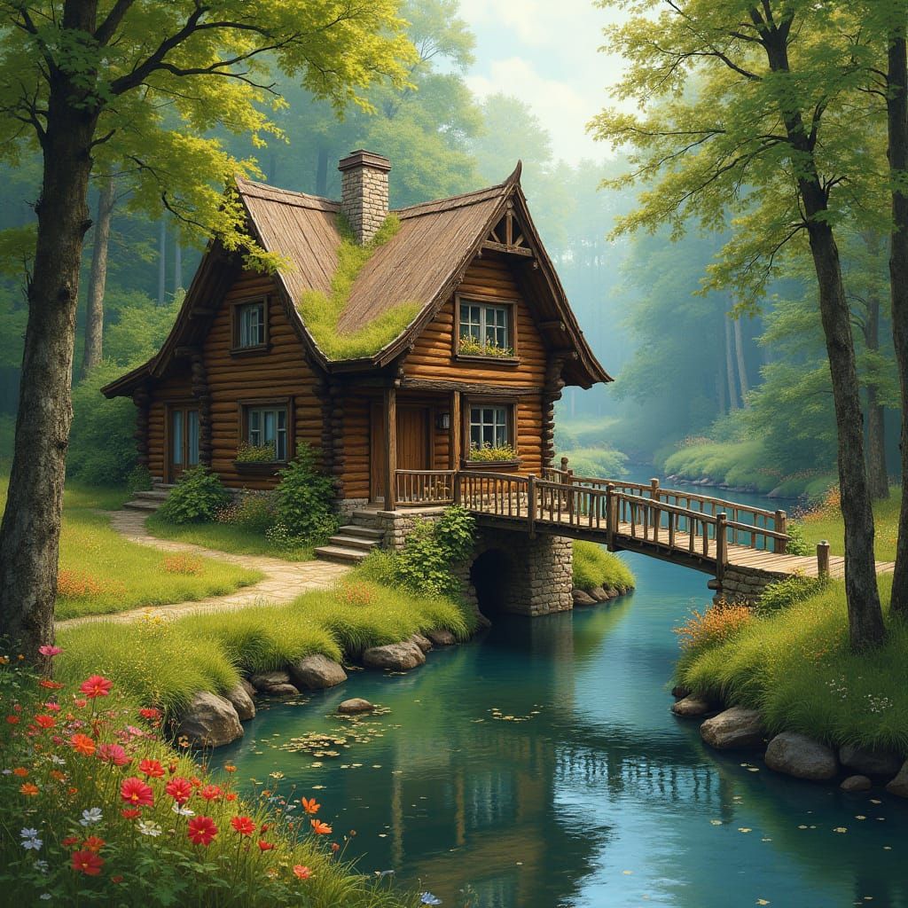 Cozy Rustic Cottage Amidst Lush Forest and Riverbank