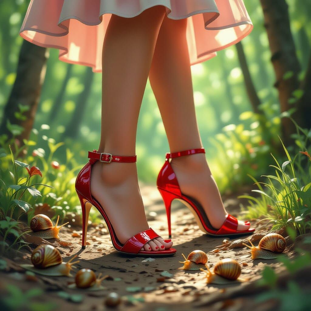 Red High Heels in Forest, Hyperrealistic Digital Art