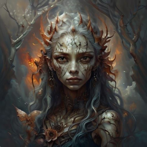 Plant Fairy in Burning Woods: Surreal Oil Painting