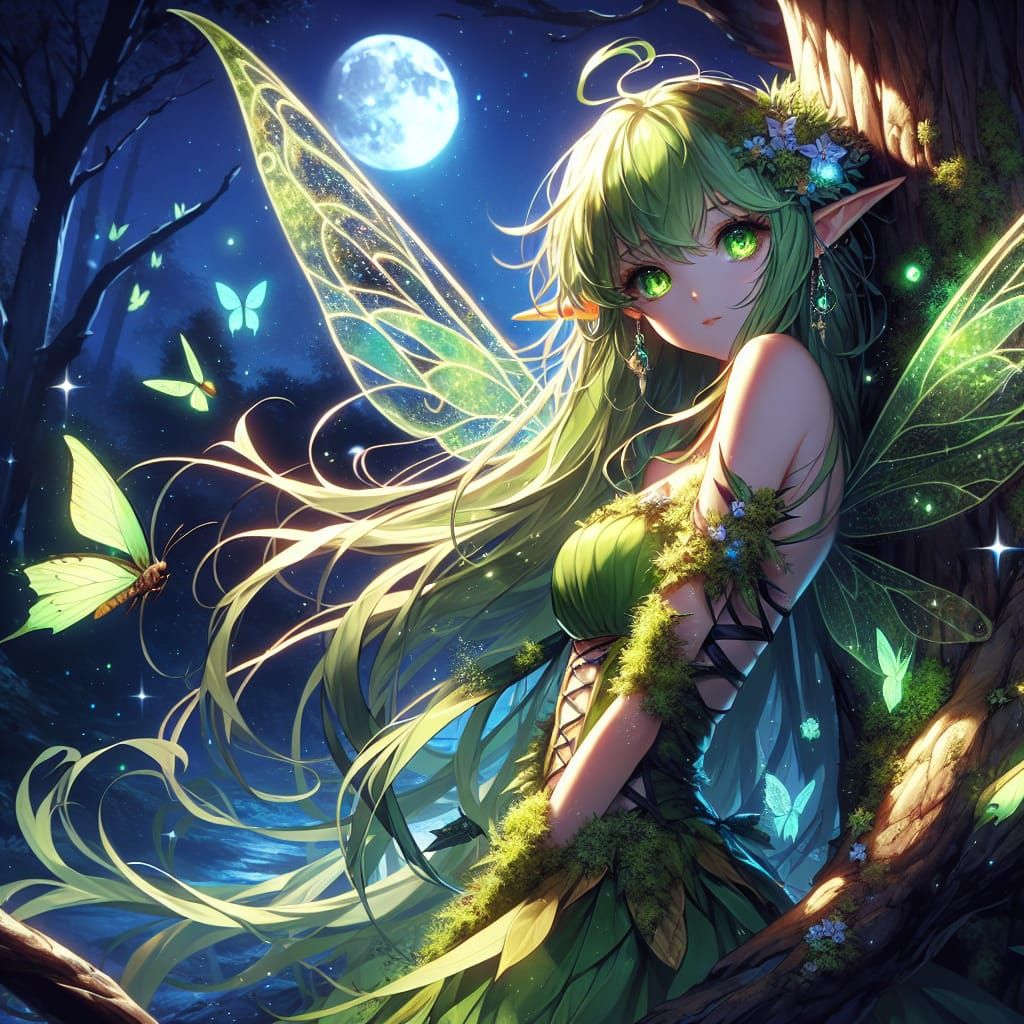Anime Fairy Girl with Lichen in Moonlight