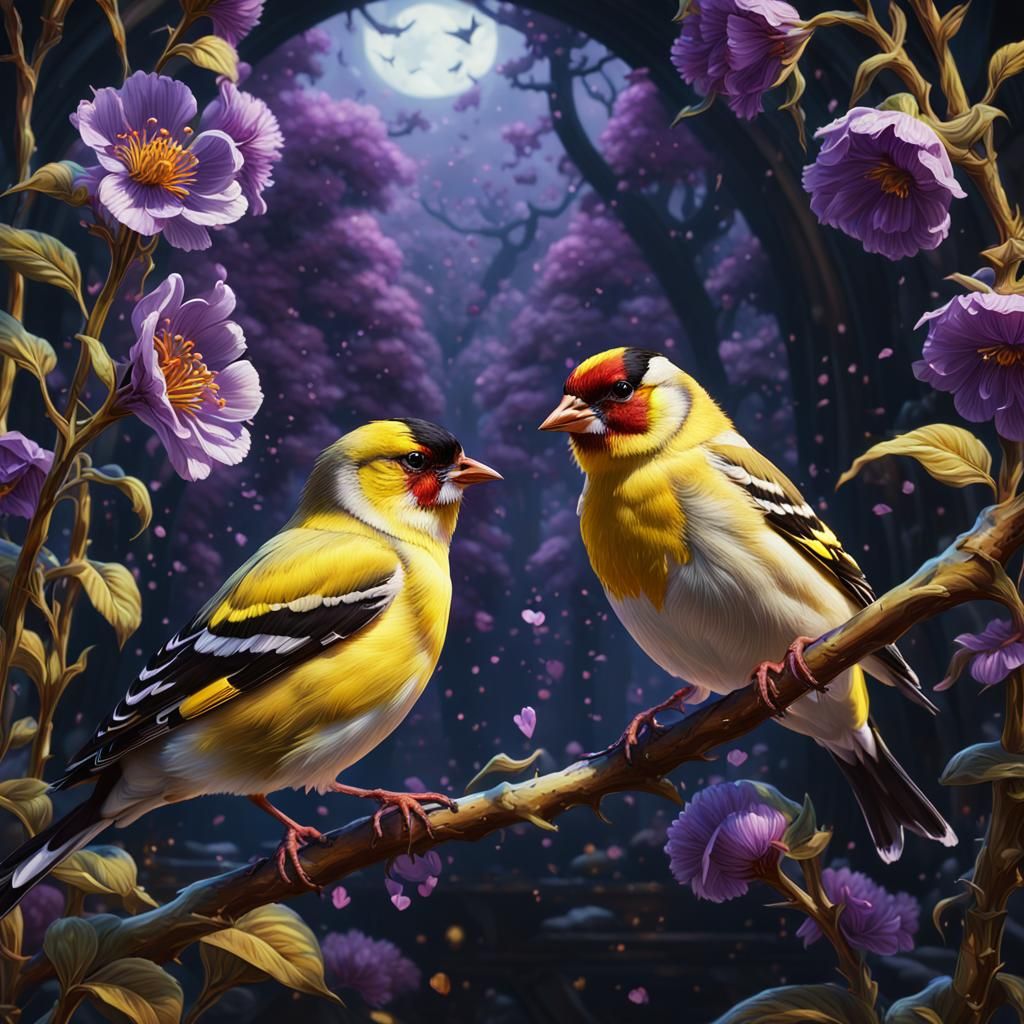 Goldfinch Pair: Romantic Masterpiece in Dark Fantasy Style