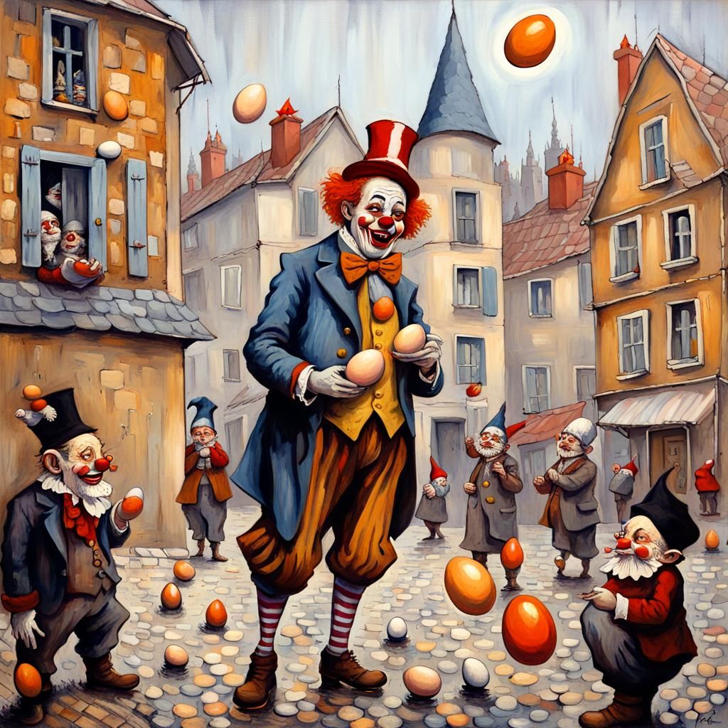 Sinister Clown in Village Square, Fairytale Art