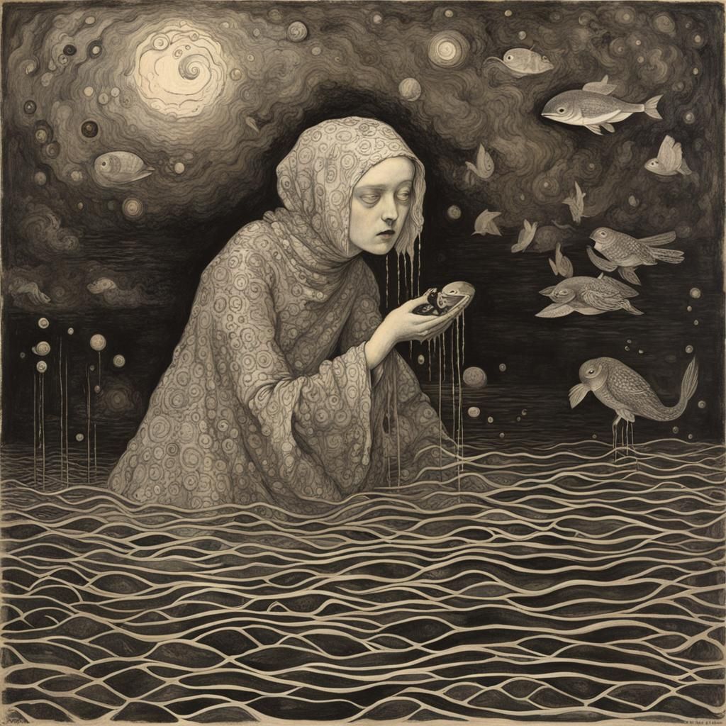 Surreal Aquatic Horror in Klimt and Pre-Raphaelite Style