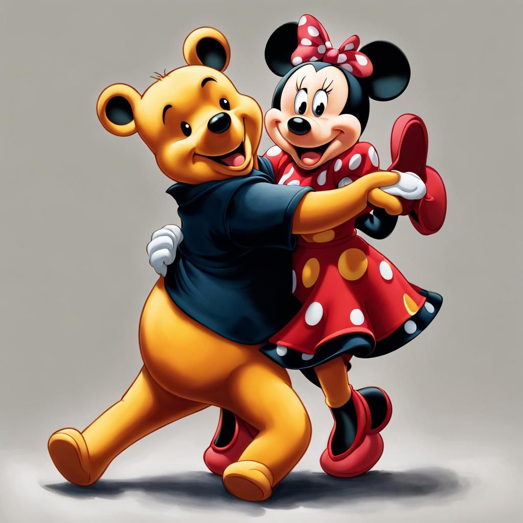 Minnie Mouse dancing tango with Winnie The Pooh.