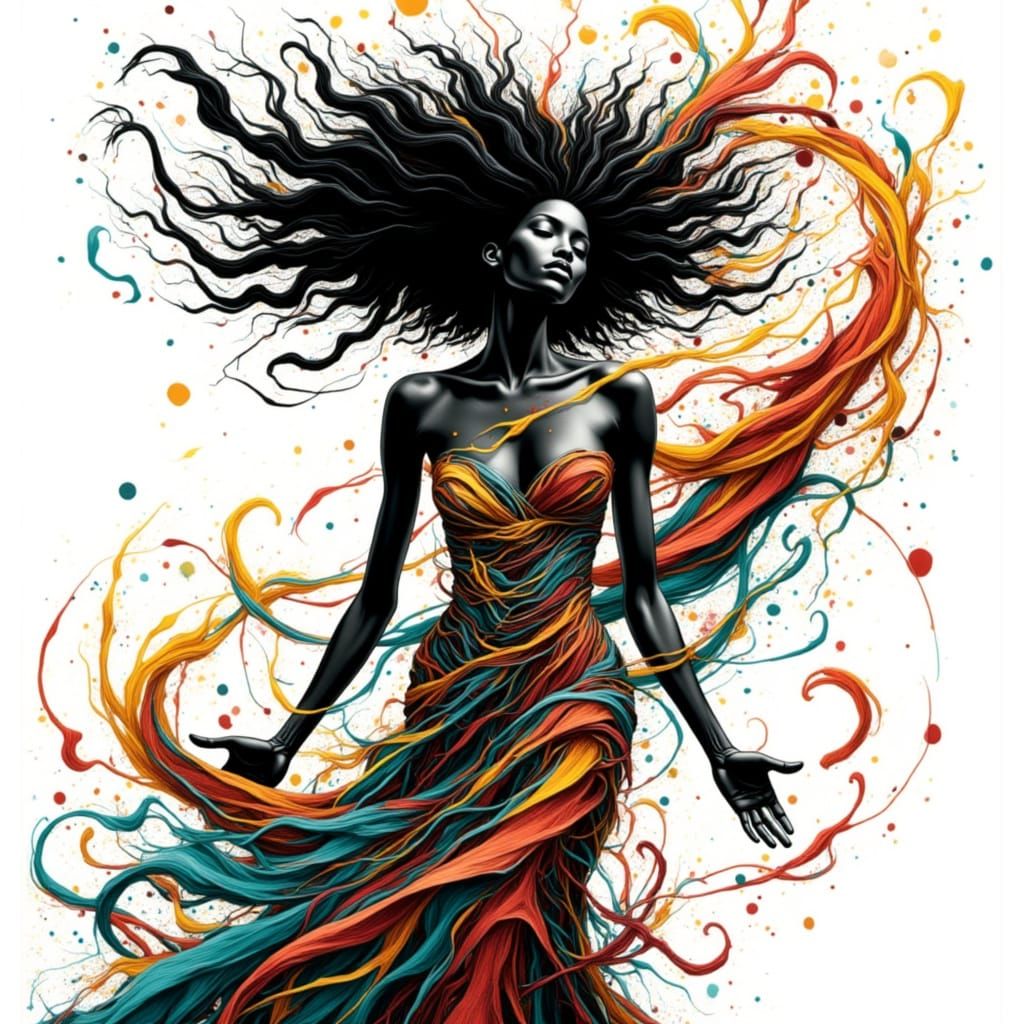 Black Woman Amidst Chaotic Ink Explosion