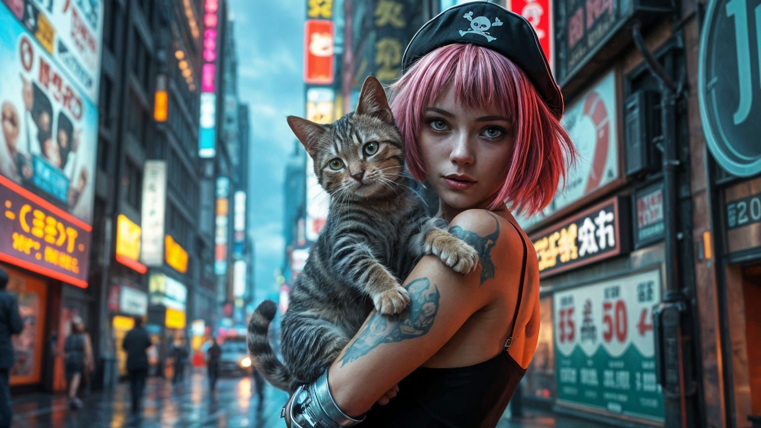 Cyberpunk Woman with Tabby Cat Sidekick