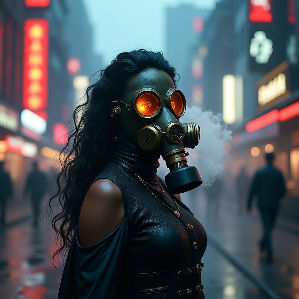 Gas Mask Woman in Cyberpunk Cityscape