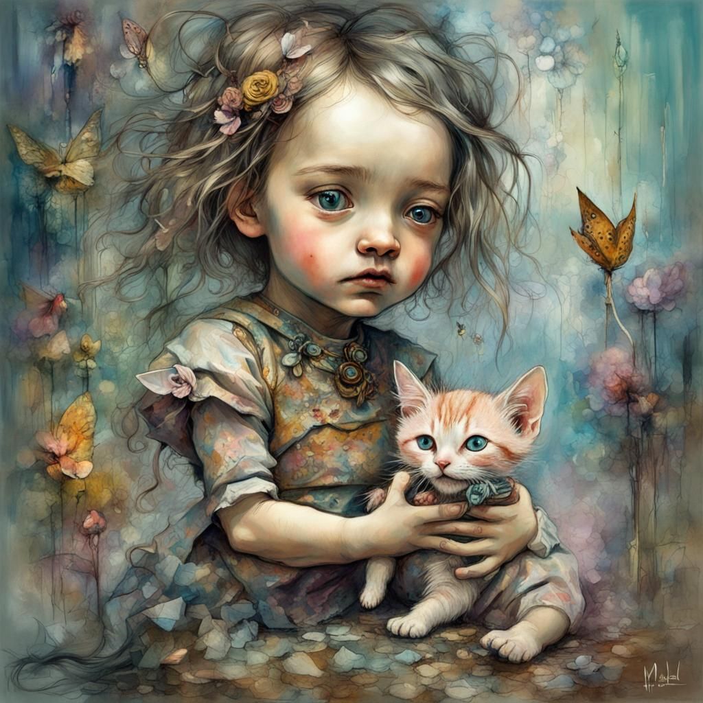 Chibi Baby Girl with Kitten: Stylized Art