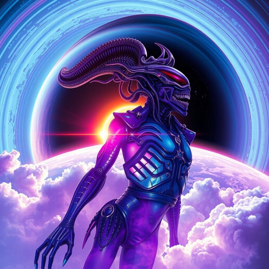 Regal Xenomorph Breeder in a Celestial Gas Giant Landscape